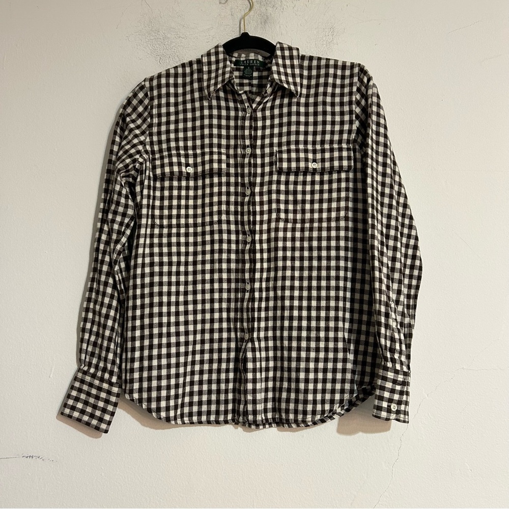 Lauren Ralph Lauren Chocolate Brown Gingham Check Button Up Shirt Small Preppy